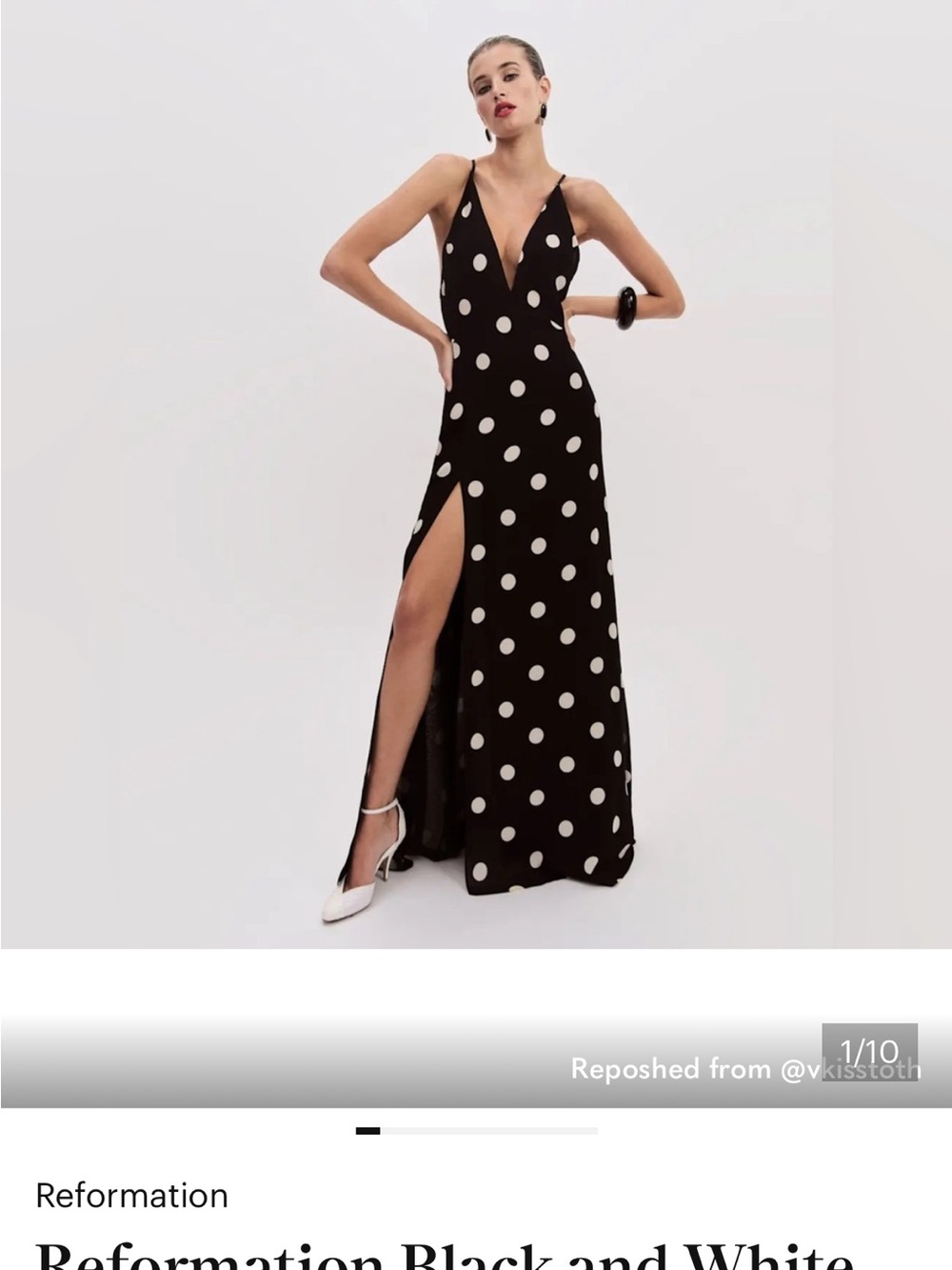 Reformation Black and White Polka Dot V-Neck Maxi Dress with Slit
